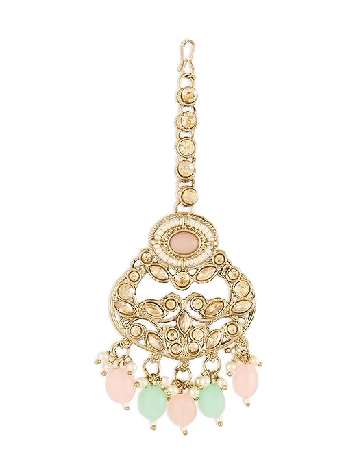 FluteVrinda Pink Mint Green Stones Beads Dazzling Necklace Earring & Maangtikka Set For Women (B0FPD4Q7J4)