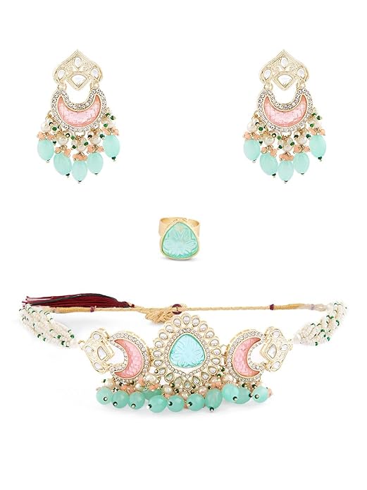 FluteVrinda Green Pink Stones & Beads Multistrand Kundan Choker Necklace Earring & Ring Set For Women (16- B0BVVHBMT3)