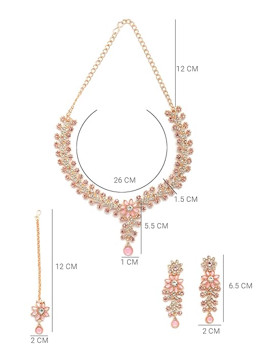 FluteVrinda Charming AD Diamonds Studded Floral Choker Necklace with Danlge Earrings Maangtikka Jewellery Set for Women & Girls (10- B0FB46QM2X)