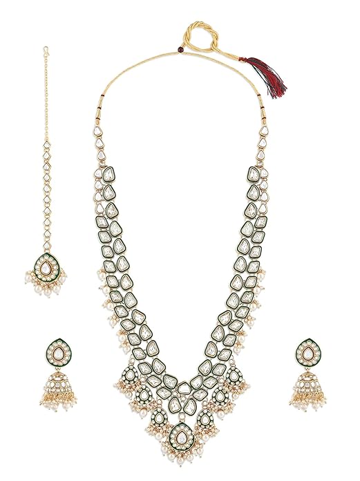FluteVrinda Green Meenakari Kundan Bridal Long Dazzling Necklace Earring Maangtikka Set For Women(18- B0CZXZG1BW)