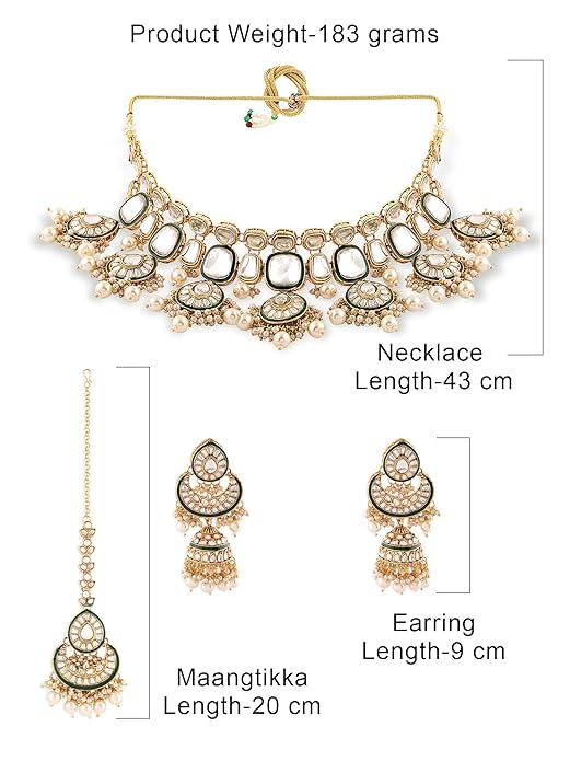 FluteVrinda Gold Tone & Green Enamel Kundan Artificial Stones & Pearls Drop Bridal Necklace Earring & Maangtikka Set For Women (11- B0CN1BW2PY)