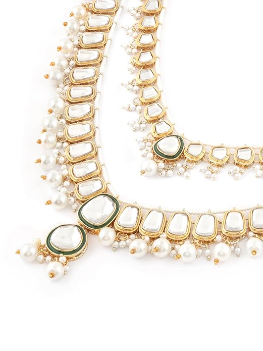 FluteVrinda Green Meenakari Kundan Pearls Layered Bridal Necklace Earring & Maangtikka Set For Women (17- B0CTQVLDPH)