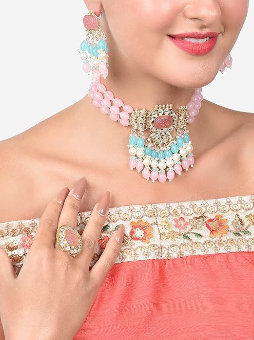 FluteVrinda Pink Turquoise Multistrand Kundan Choker Necklace Earring & Ring Set For Women (26- B0BRNFCM3V)