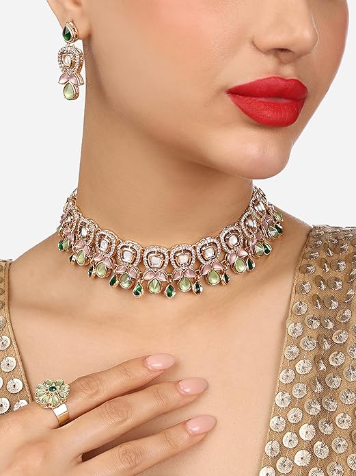 FluteVrinda Green Pink Stones Austrian Diamonds Embellished Choker Necklace Earring & Ring Set For Women (B0CZXTDT1G)
