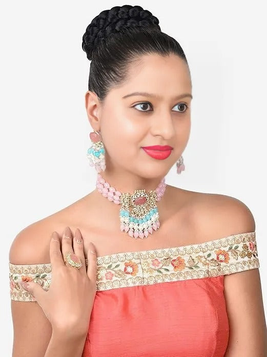 FluteVrinda Pink Turquoise Multistrand Kundan Choker Necklace Earring & Ring Set For Women (26- B0BRNFCM3V)