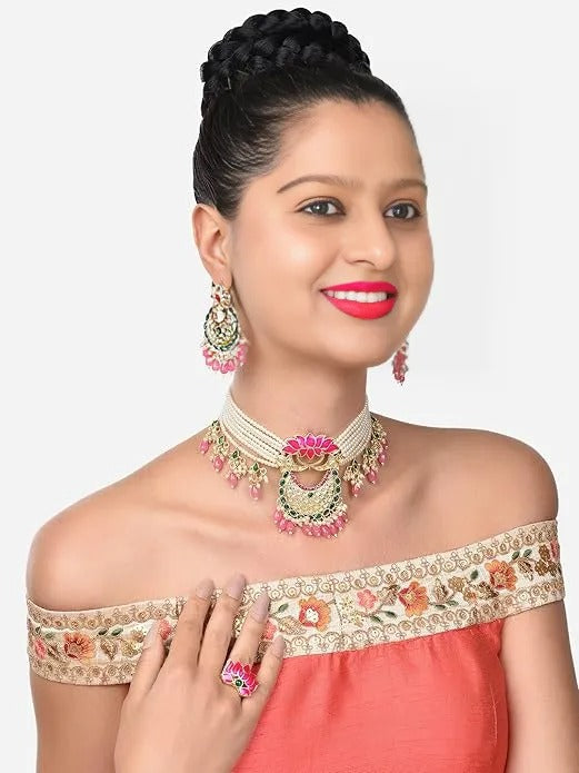 FluteVrinda Green & Pink Meenakari Lotus Multistrand Pearls Choker Necklace Earring & Ring Set For Women (28- B0BFRJRF9V)