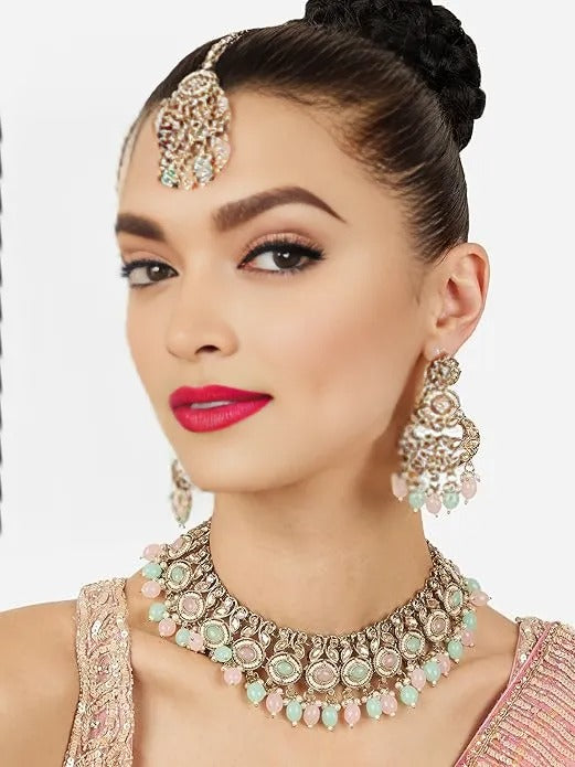 FluteVrinda Pink Mint Green Stones Beads Dazzling Necklace Earring & Maangtikka Set For Women (B0FPD4Q7J4)