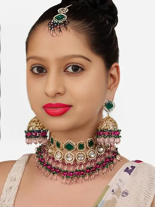FluteVrinda Pink Green Stones Beads Austrian Diamonds Choker Necklace Earring & Maangtikka Set For Women (29- B0D8T4HT9N)