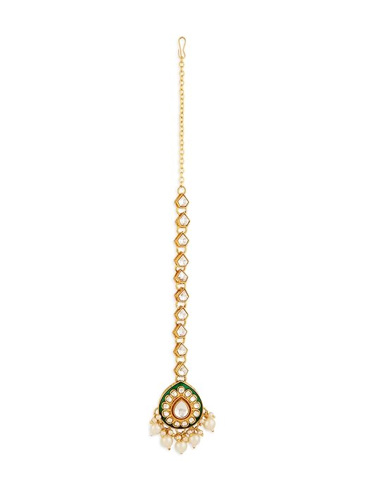 FluteVrinda Green Meenakari Dazzling Stones Beads Bridal Necklace Earring & Maangtikka Set For Women (B0DH7Z2M73)