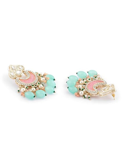 FluteVrinda Green Pink Stones & Beads Multistrand Kundan Choker Necklace Earring & Ring Set For Women (16- B0BVVHBMT3)