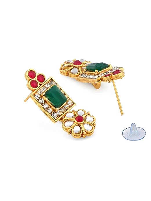 FluteVrinda Green & Pink Stones Ethnic Collar Bone Necklace Earring & Ring Set For Women (B09Q18JZTQ)