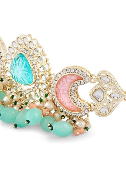 FluteVrinda Green Pink Stones & Beads Multistrand Kundan Choker Necklace Earring & Ring Set For Women (16- B0BVVHBMT3)