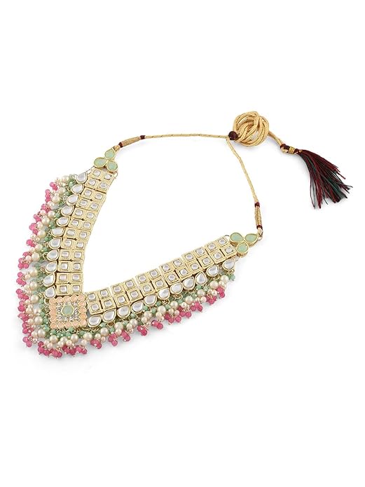 FluteVrinda Green Pink Stones & Cluster Beads Kundan Necklace Earring & Ring Set For Women (19- B0BRNC7WBB)