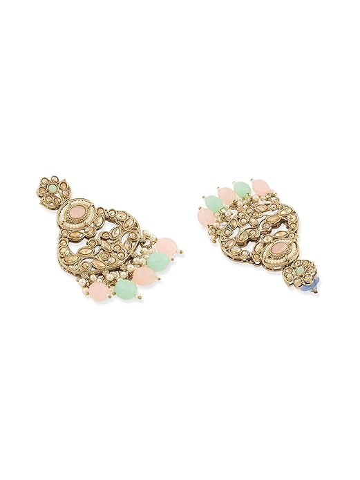 FluteVrinda Pink Mint Green Stones Beads Dazzling Necklace Earring & Maangtikka Set For Women (B0FPD4Q7J4)