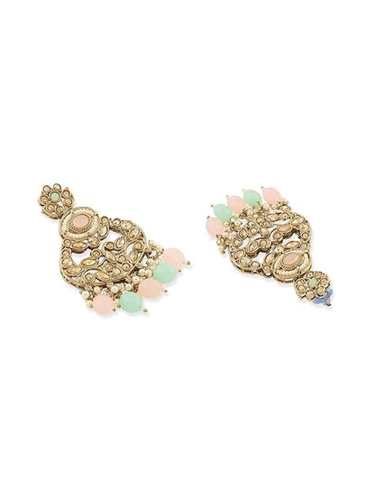 FluteVrinda Pink Mint Green Stones Beads Dazzling Necklace Earring & Maangtikka Set For Women (B0FPD4Q7J4)