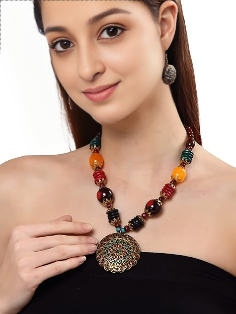 FluteVrinda Fashion Latest Stylish Traditional Tibetan Pendant Necklace Jewellery Set for Women (1- B0B15GYNS4)