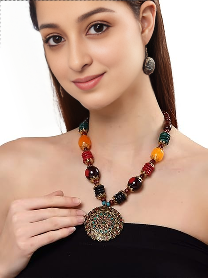 FluteVrinda Fashion Latest Stylish Traditional Tibetan Pendant Necklace Jewellery Set for Women (1- B0B15GYNS4)