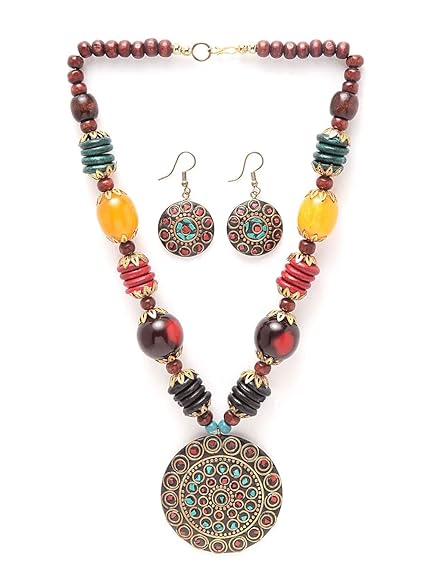 FluteVrinda Fashion Latest Stylish Traditional Tibetan Pendant Necklace Jewellery Set for Women (1- B0B15GYNS4)