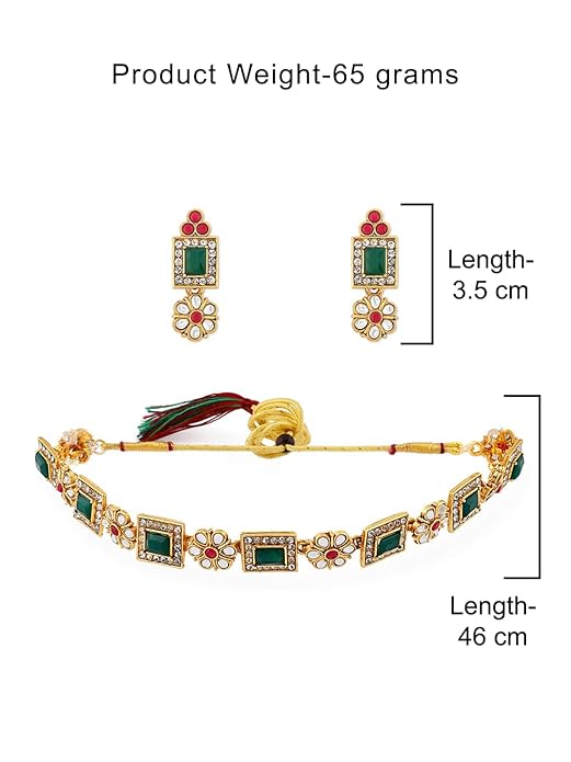 FluteVrinda Green & Pink Stones Ethnic Collar Bone Necklace Earring & Ring Set For Women (B09Q18JZTQ)