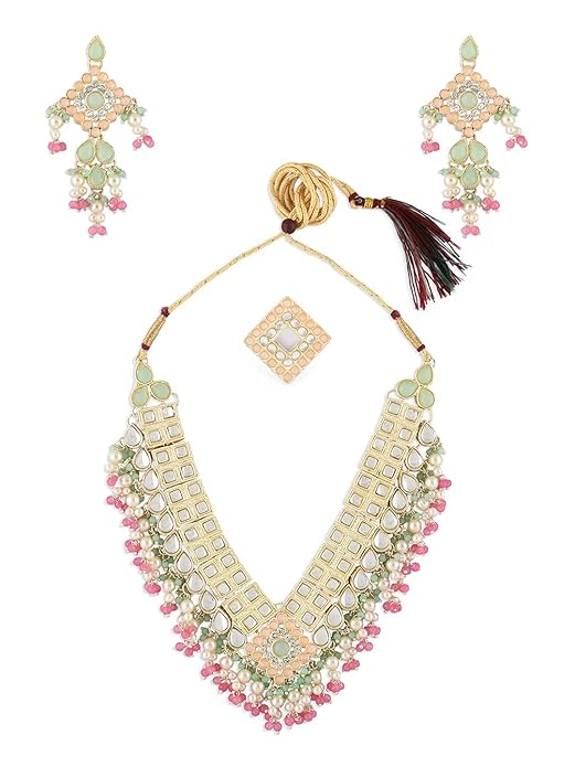 FluteVrinda Green Pink Stones & Cluster Beads Kundan Necklace Earring & Ring Set For Women (19- B0BRNC7WBB)