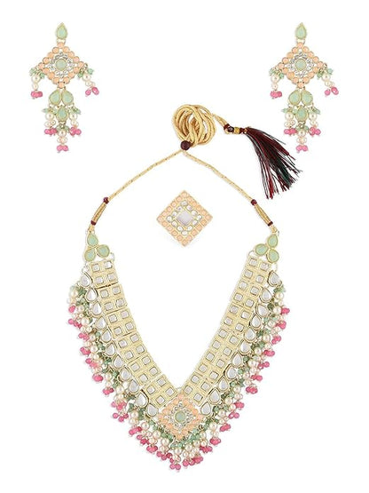 FluteVrinda Green Pink Stones & Cluster Beads Kundan Necklace Earring & Ring Set For Women (19- B0BRNC7WBB)