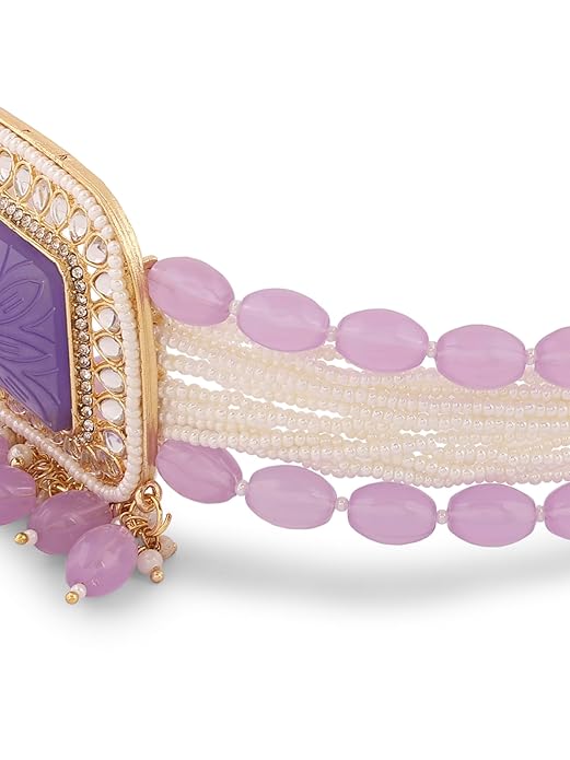 FluteVrinda Purple Multistrand Kundan Stones & Beads Choker Necklace Earring & Ring Set For Women (22- B0CKL9BY8Z)