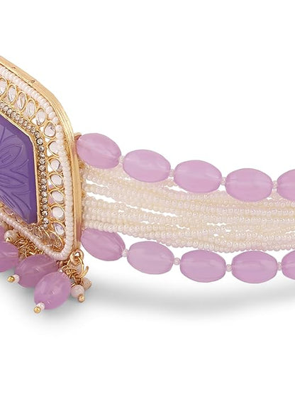 FluteVrinda Purple Multistrand Kundan Stones & Beads Choker Necklace Earring & Ring Set For Women (22- B0CKL9BY8Z)