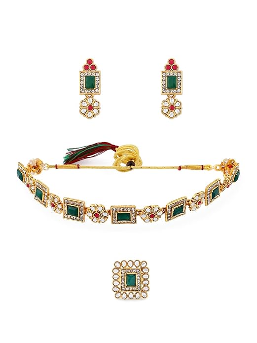 FluteVrinda Green & Pink Stones Ethnic Collar Bone Necklace Earring & Ring Set For Women (B09Q18JZTQ)