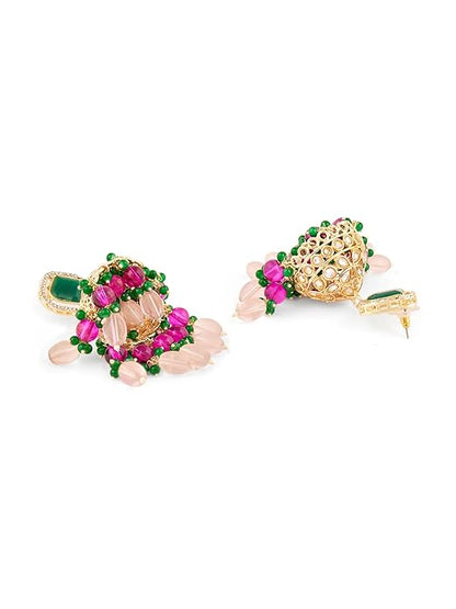 FluteVrinda Pink Green Stones Beads Austrian Diamonds Choker Necklace Earring & Maangtikka Set For Women (29- B0D8T4HT9N)
