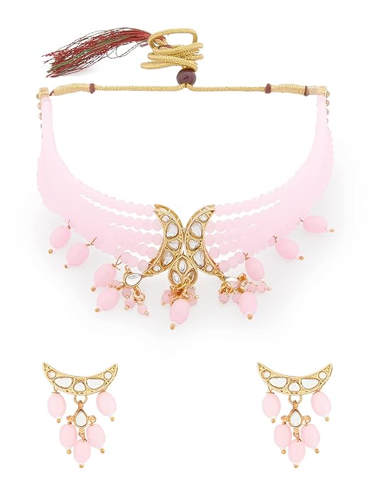 FluteVrinda Pink Dazzling Crystal Beads Multistrand Kundan Choker Necklace & Earring Set For Women (25- B09RG83CSR )