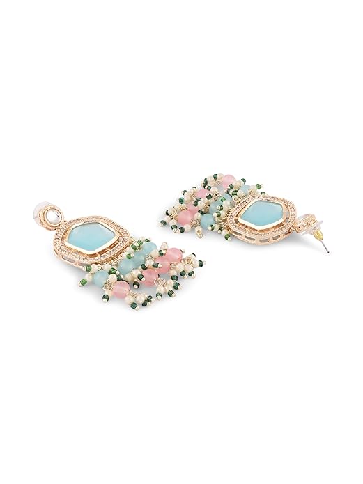 FluteVrinda Turquoise Blue & Pink Kundan Stones & Beads Choker Necklace Earring & Ring Set For Women-B0CKHYSHKV