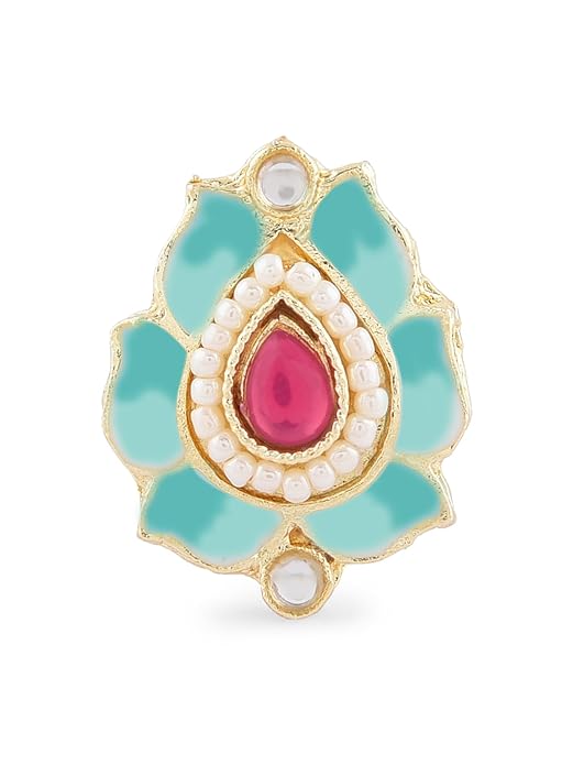 FluteVrinda Pink & Green Lotus Design Meenakari Choker Necklace Earring & Ring Set For Women (30-B0BDG5J6ZH)