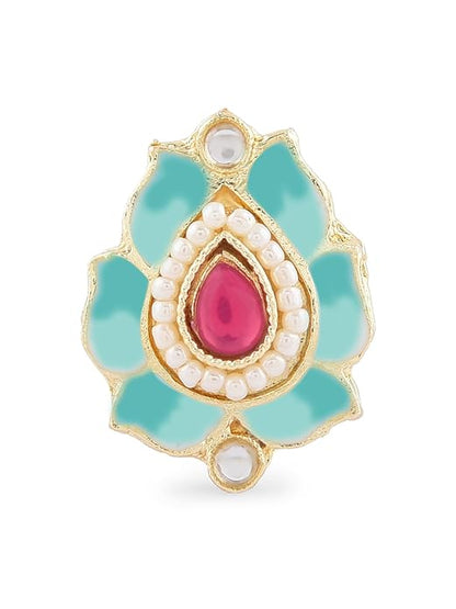 FluteVrinda Pink & Green Lotus Design Meenakari Choker Necklace Earring & Ring Set For Women (30-B0BDG5J6ZH)