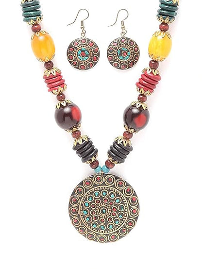 FluteVrinda Fashion Latest Stylish Traditional Tibetan Pendant Necklace Jewellery Set for Women (1- B0B15GYNS4)
