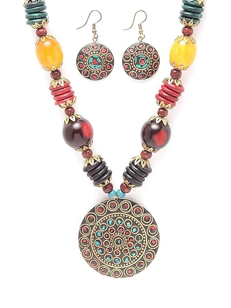 FluteVrinda Fashion Latest Stylish Traditional Tibetan Pendant Necklace Jewellery Set for Women (1- B0B15GYNS4)