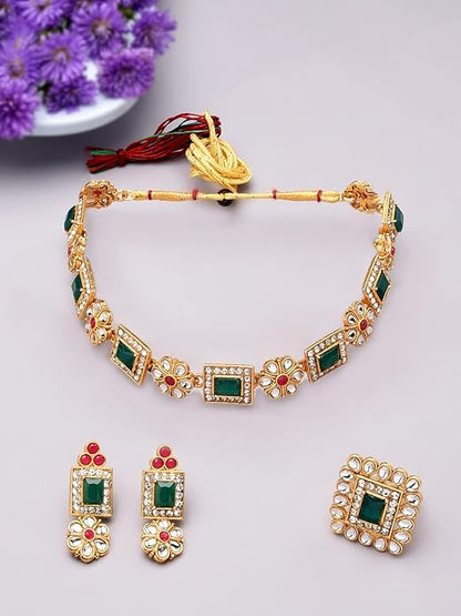 FluteVrinda Green & Pink Stones Ethnic Collar Bone Necklace Earring & Ring Set For Women (B09Q18JZTQ)