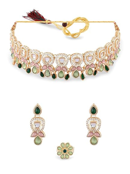 FluteVrinda Green Pink Stones Austrian Diamonds Embellished Choker Necklace Earring & Ring Set For Women (B0CZXTDT1G)