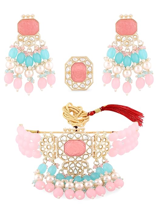 FluteVrinda Pink Turquoise Multistrand Kundan Choker Necklace Earring & Ring Set For Women (26- B0BRNFCM3V)