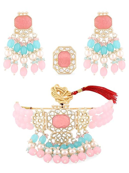 FluteVrinda Pink Turquoise Multistrand Kundan Choker Necklace Earring & Ring Set For Women (26- B0BRNFCM3V)