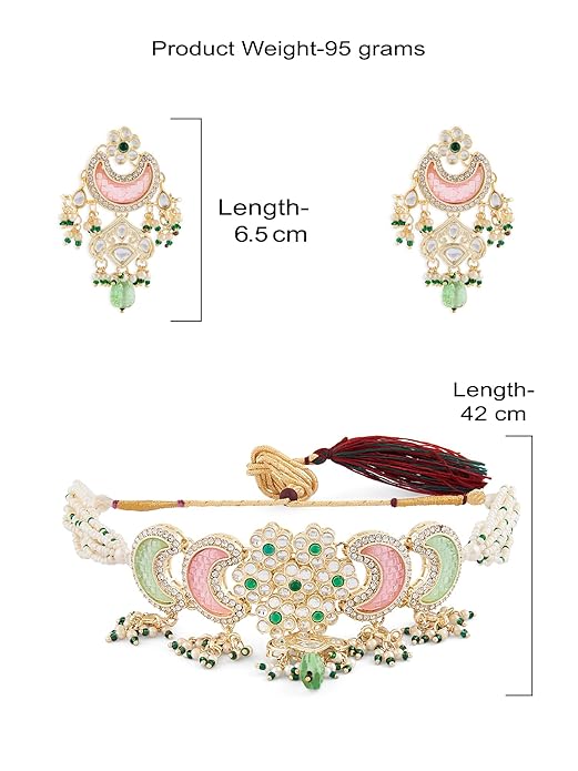 FluteVrinda Pink Green Stones Beads Multistrand Kundan Choker Necklace Earring & Ring Set For Women (B0BVVFH5MJ )