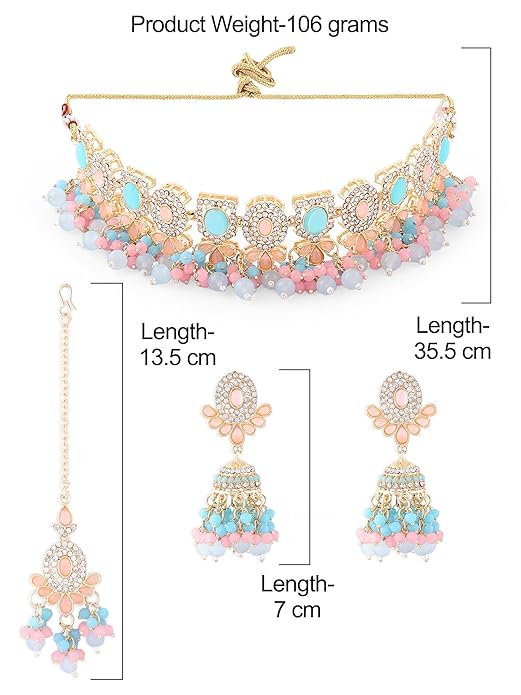 FluteVrinda Turquoise Blue Pink Stones Beads Choker Necklace Earring Maangtikka Ring Set For Women (15- B0C9Q7ZTM4)