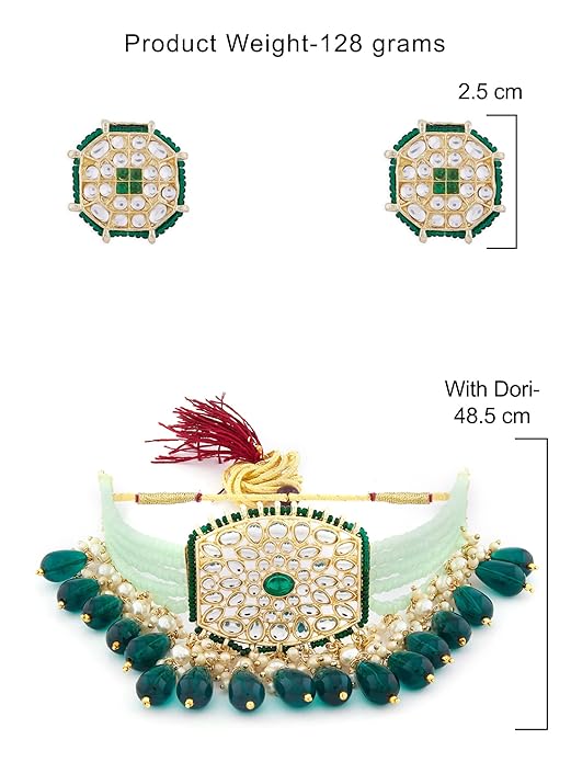 FluteVrinda Green Crystals Beaded Multistrand Kundan Choker Necklace Earring & Ring Set For Women (27- B0B1JGY3K2)
