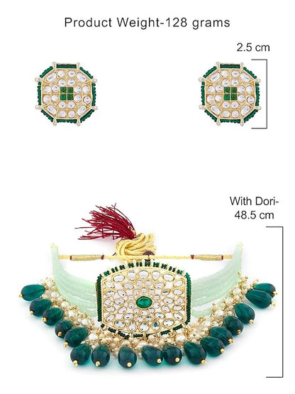 FluteVrinda Green Crystals Beaded Multistrand Kundan Choker Necklace Earring & Ring Set For Women (27- B0B1JGY3K2)