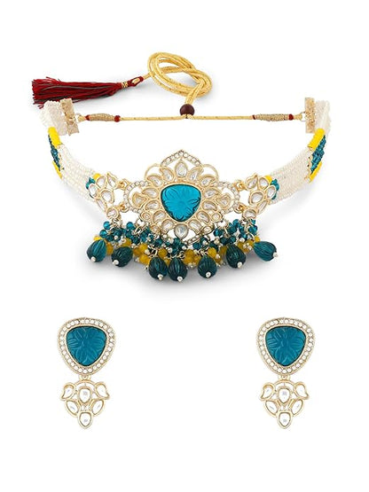 FluteVrinda Green & Yellow Multistrand Beaded Kundan Choker Necklace & Earring Set For Women (24- B0CWNXRX11)