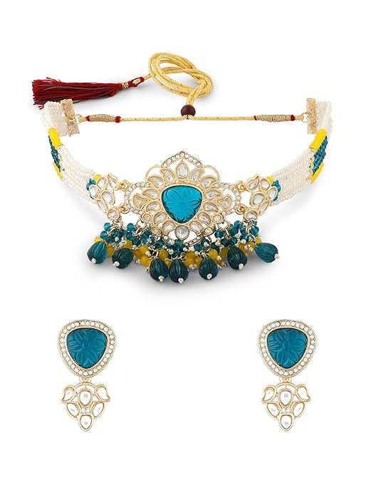 FluteVrinda Green & Yellow Multistrand Beaded Kundan Choker Necklace & Earring Set For Women (24- B0CWNXRX11)