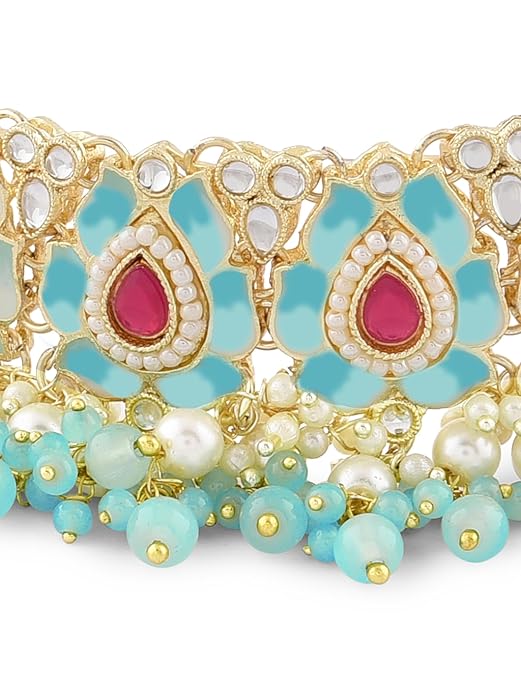 FluteVrinda Pink & Green Lotus Design Meenakari Choker Necklace Earring & Ring Set For Women (30-B0BDG5J6ZH)