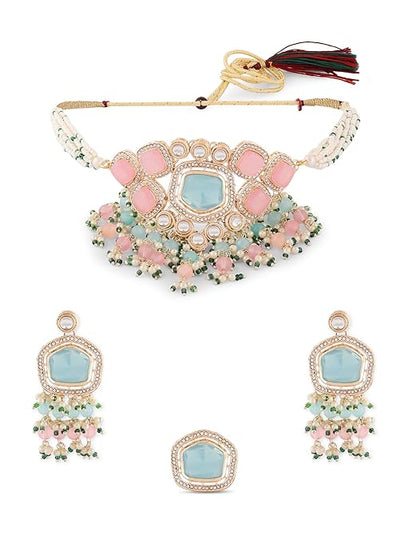 FluteVrinda Turquoise Blue & Pink Kundan Stones & Beads Choker Necklace Earring & Ring Set For Women-B0CKHYSHKV