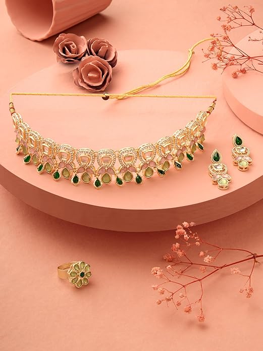 FluteVrinda Green Pink Stones Austrian Diamonds Embellished Choker Necklace Earring & Ring Set For Women (B0CZXTDT1G)