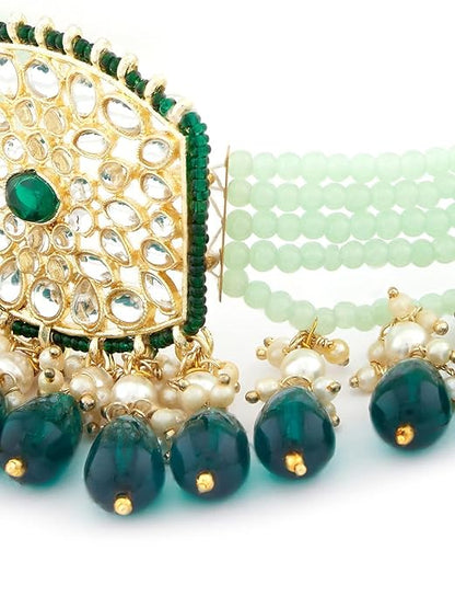 FluteVrinda Green Crystals Beaded Multistrand Kundan Choker Necklace Earring & Ring Set For Women (27- B0B1JGY3K2)