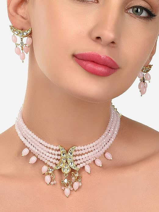 FluteVrinda Pink Dazzling Crystal Beads Multistrand Kundan Choker Necklace & Earring Set For Women (25- B09RG83CSR )